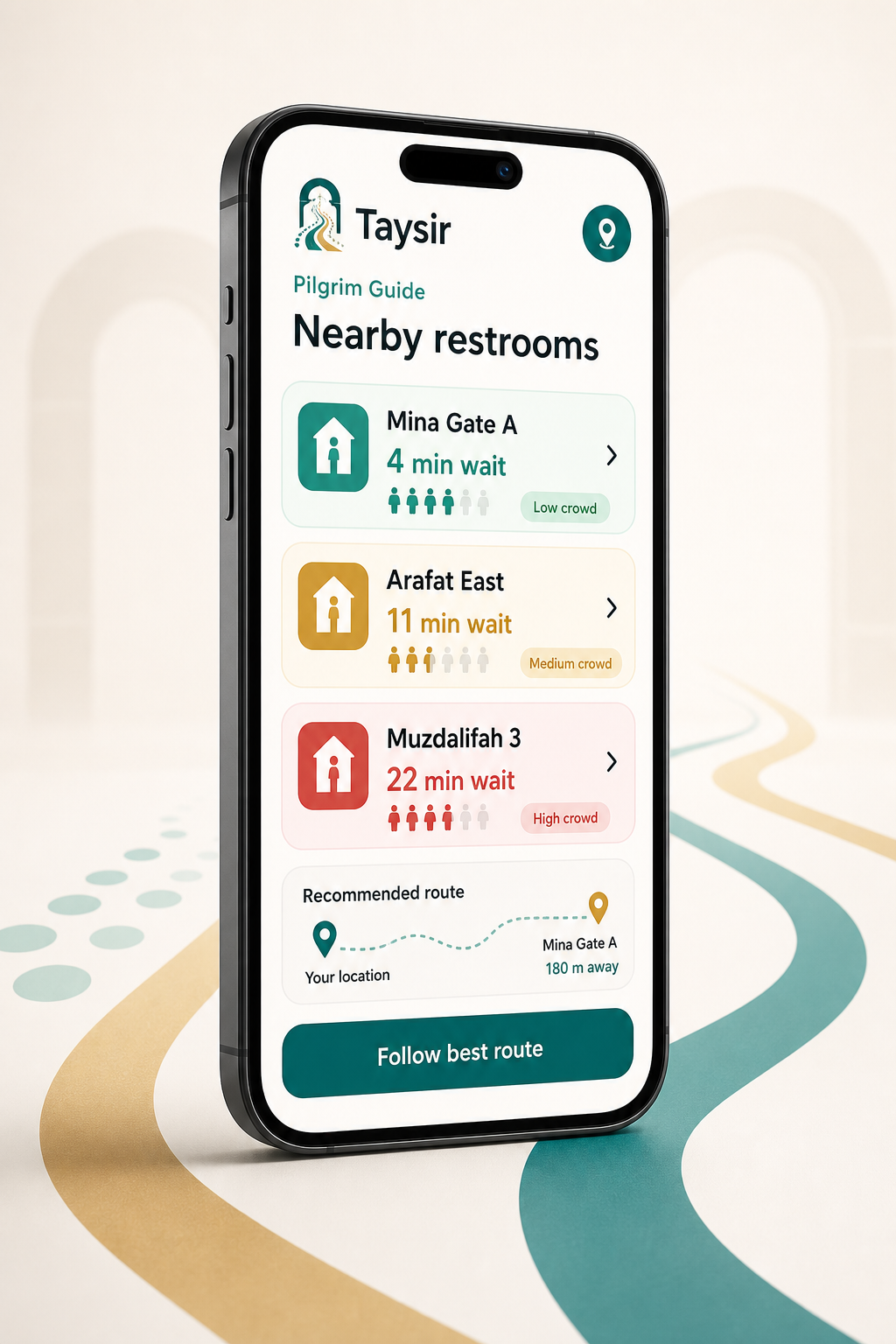 Taysir pilgrim guide mobile app mockup showing restroom wait times